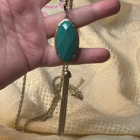 Premier Designs "CECE" Double-Sided Teal Blue Pendant Necklace NWT Gold Tone - Picture 11 of 12